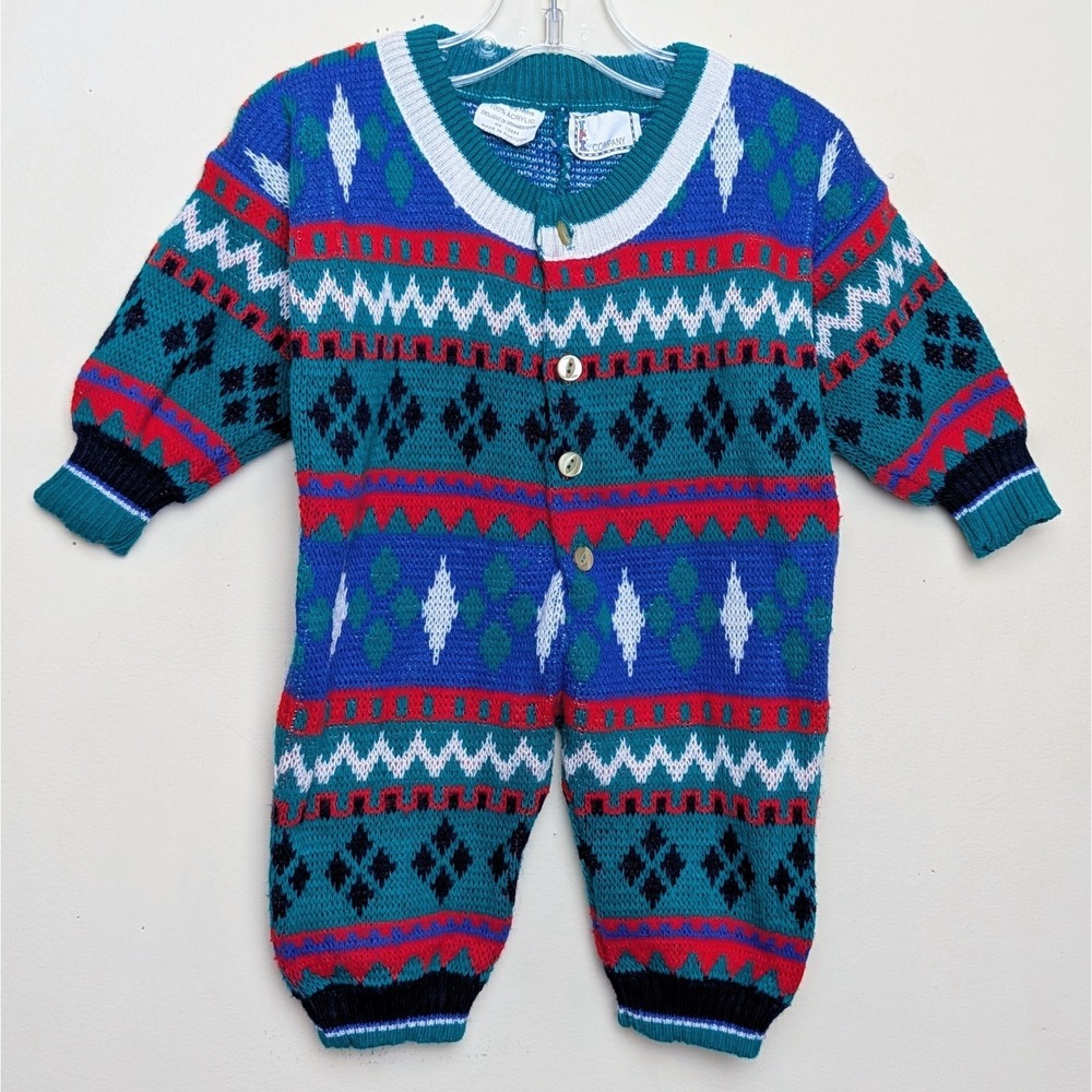 Vintage Geometric Romper 90s Fair Isle One Piece Baby Holiday Sweater 6-9 Months